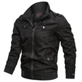 Men's black zip-front winter jacket with stand collar and snap-flap pockets