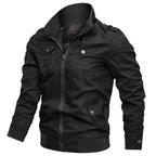 Men's black zip-front winter jacket with stand collar and snap-flap pockets