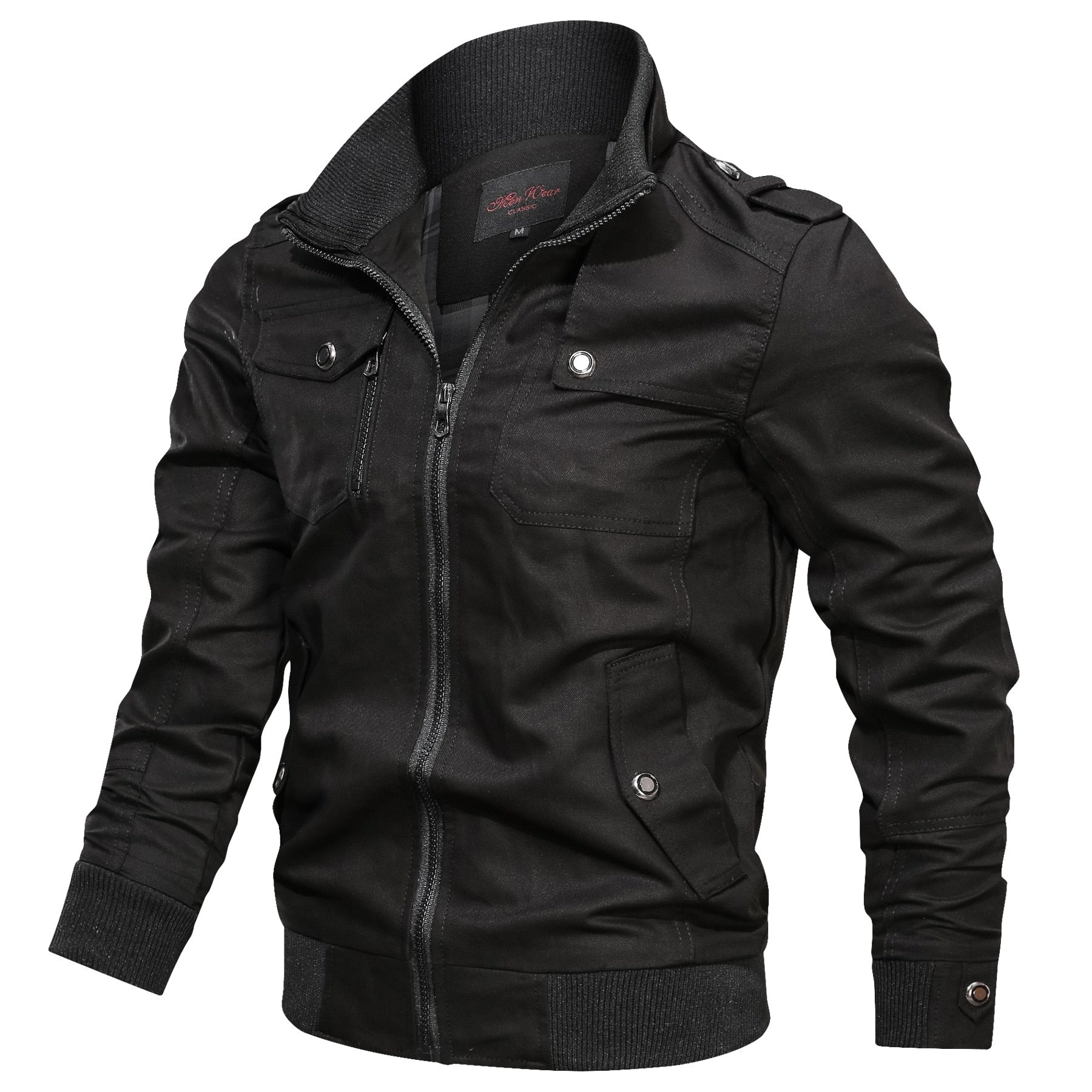 Men's black zip-front winter jacket with stand collar and snap-flap pockets