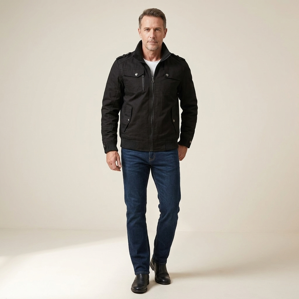 Black windproof winter jacket with high collar, zip front, button pockets, long sleeves