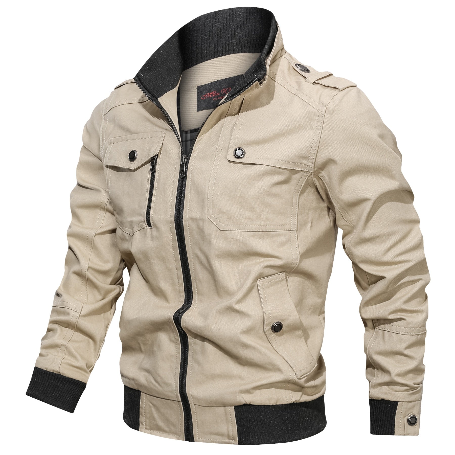 Men's light brown zip-front winter jacket with stand collar and snap-flap pockets