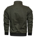 Men's olive green zip-front winter jacket, back view with ribbed hem and cuffs