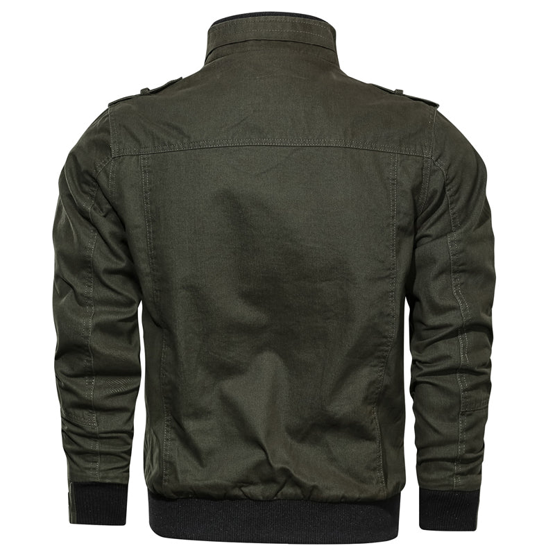 Men's olive green zip-front winter jacket, back view with ribbed hem and cuffs