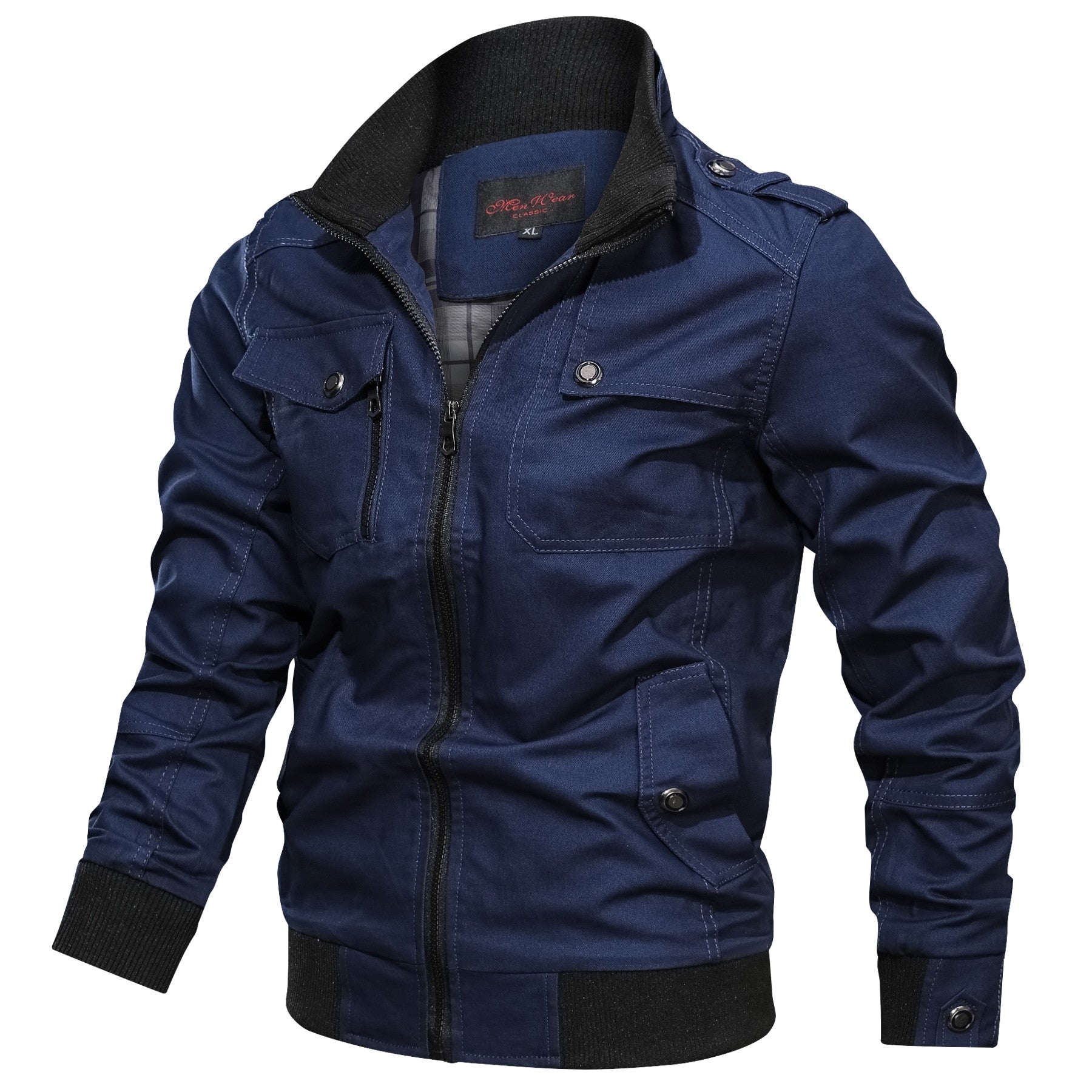 Men's navy blue zip-front winter jacket with stand collar and snap-flap pockets