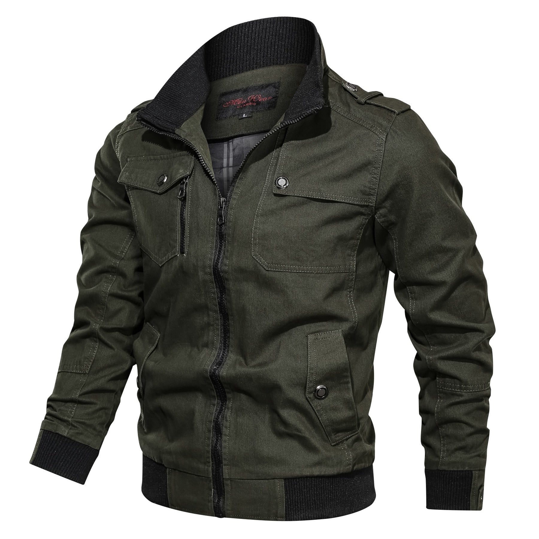 Men's dark green zip-front winter jacket with stand collar and snap-flap pockets