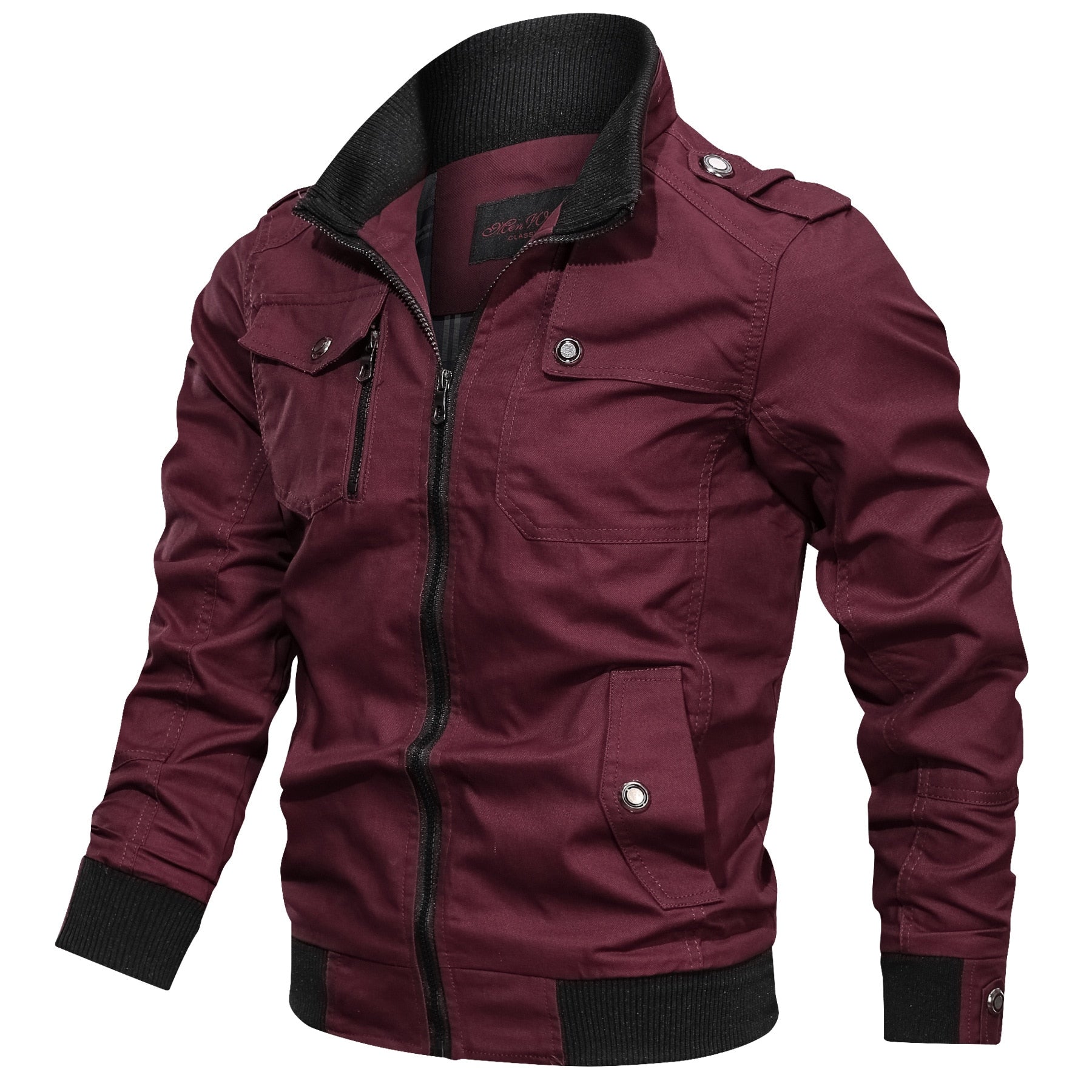 Men's maroon zip-front winter jacket with stand collar and snap-flap pockets