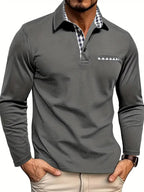 Men's long-sleeve thermal polo shirt in gray, button placket and striped chest pocket