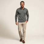 Mens long-sleeve thermal polo shirt, dark gray knit with button placket and collar