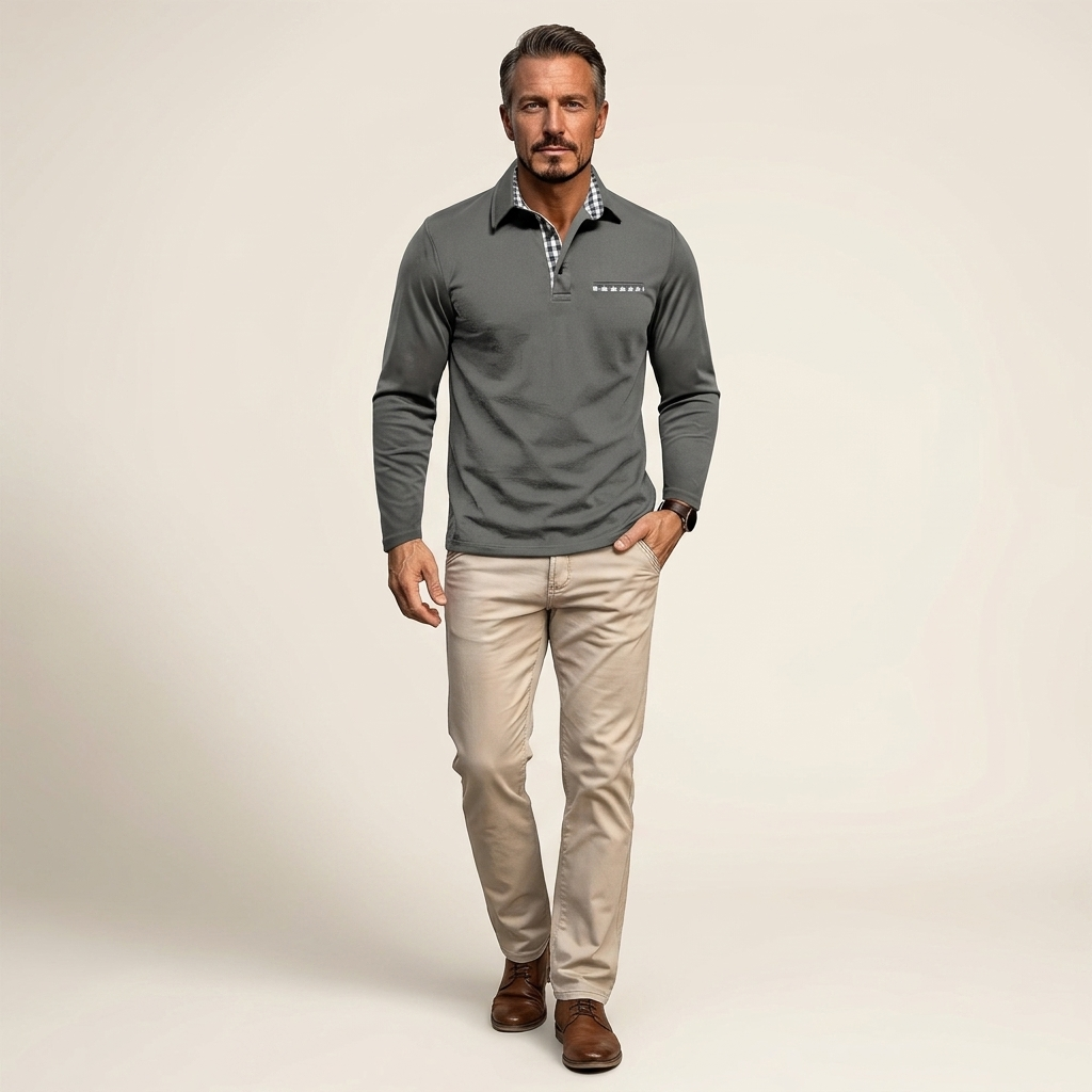 Mens long-sleeve thermal polo shirt, dark gray knit with button placket and collar