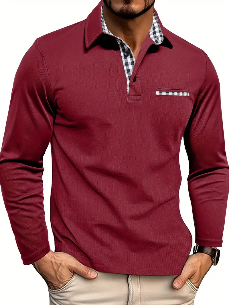 Men's long-sleeve thermal polo shirt in burgundy, button placket and striped chest pocket