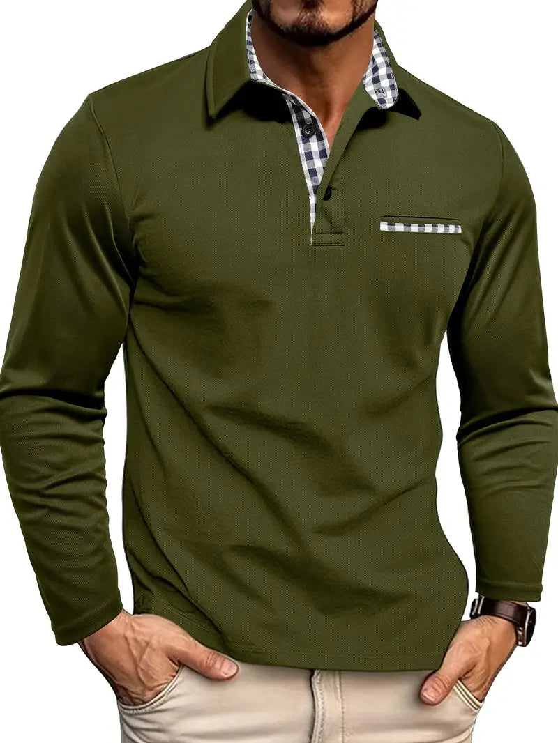 Men's long-sleeve thermal polo shirt in olive green, button placket and striped chest pocket