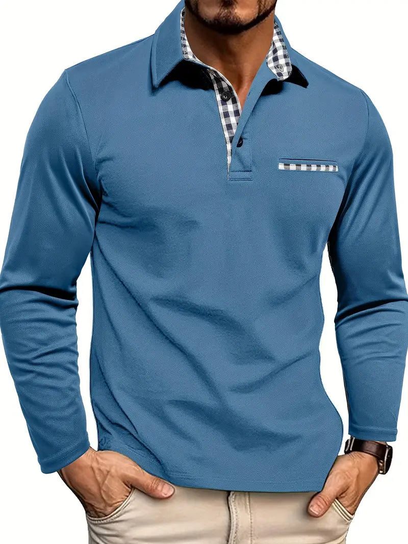 Men's long-sleeve thermal polo shirt in light blue, button placket and striped chest pocket