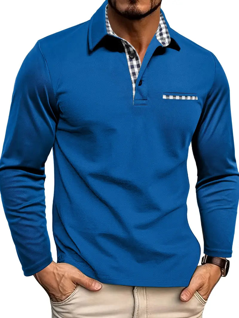 Men's long-sleeve thermal polo shirt in blue, button placket and striped chest pocket