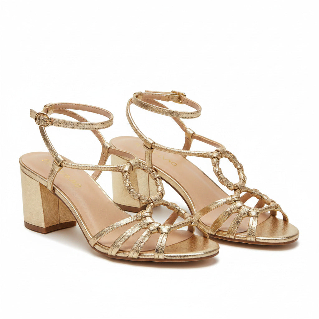 Women's tan braided sandals with open toe, ankle strap, and block heel