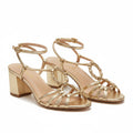 Women's tan braided sandals with open toe, ankle strap, and block heel