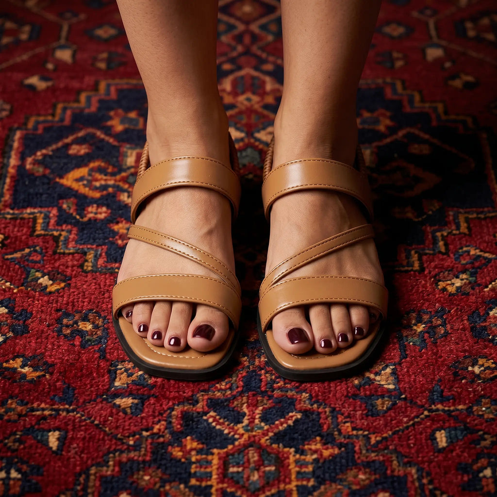 Tan leather flat sandals with open square toe and elastic slingback, two wide straps