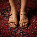 Tan leather flat sandals with open square toe and elastic slingback, two wide straps