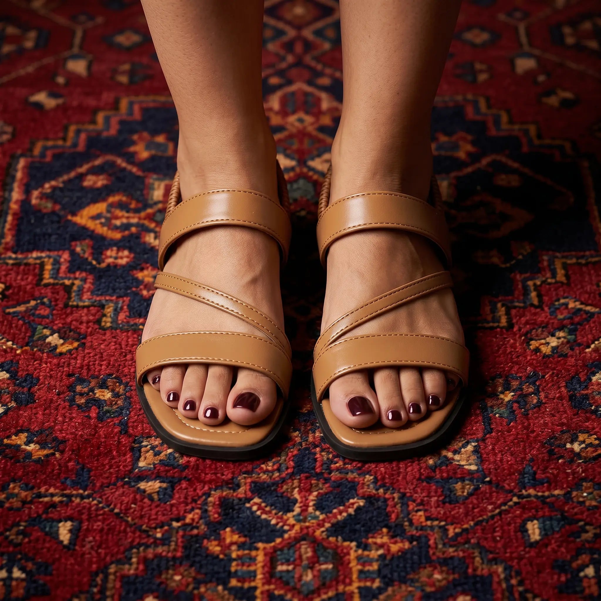 Tan leather flat sandals with open square toe and elastic slingback, two wide straps