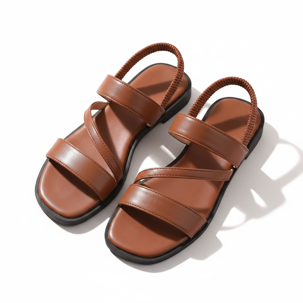 Chestnut brown leather flat sandals with open square toe and elastic slingback, chain trim
