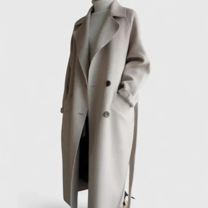 Beige long double-breasted coat with notched lapels and dark buttons