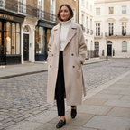 Beige women's long coat, lapels, button front, side pockets, relaxed fit