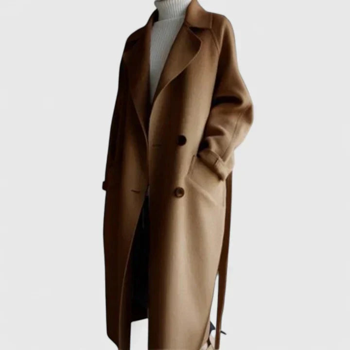 Brown long double-breasted coat with notched lapels and button front