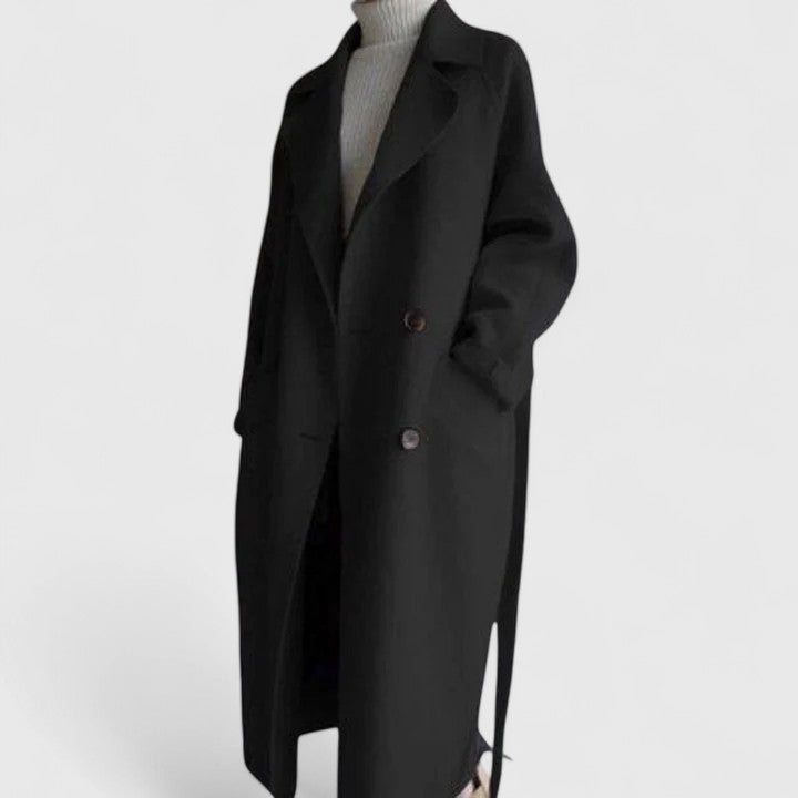 Black long double-breasted coat with notched lapels and dark button closures