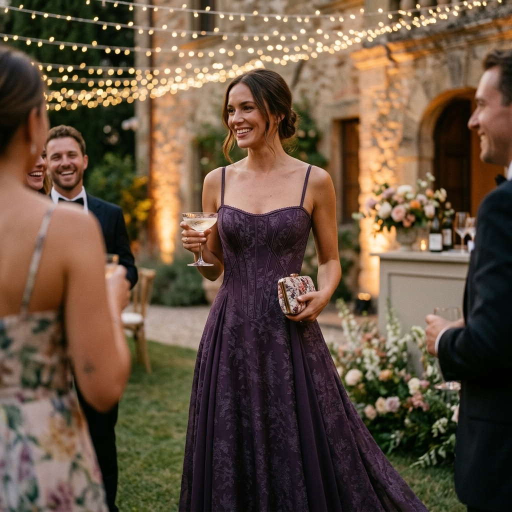 Purple floral chiffon maxi dress with spaghetti straps and fitted corset-style bodice