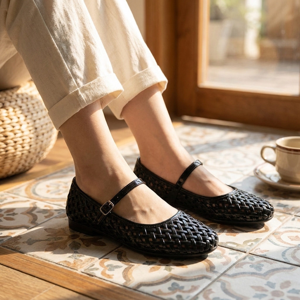 Women's Woven Jelly Mary Jane Flats Retro Lattice Ankle Strap
