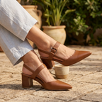 Women's Pointed Toe Block Heel Slingback Heels Buckle Strap Leather