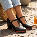 Women's Retro Brogue T-Bar Court Heels Block Heel Gold Buckle Leather