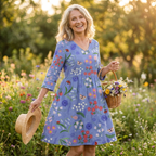 Purple-blue long drapey blouse with V-neck and colorful floral print, 3/4 sleeves