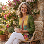 Women’s multicolor V-neck drapey blouse with patterned panel front and three-quarter sleeves
