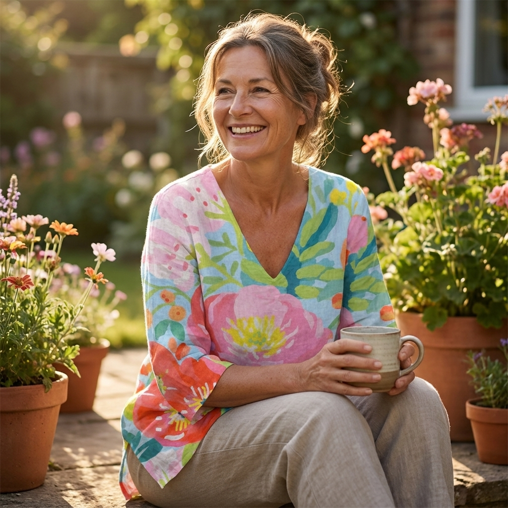 Multicolor floral V-neck blouse in relaxed fit, three-quarter sleeves