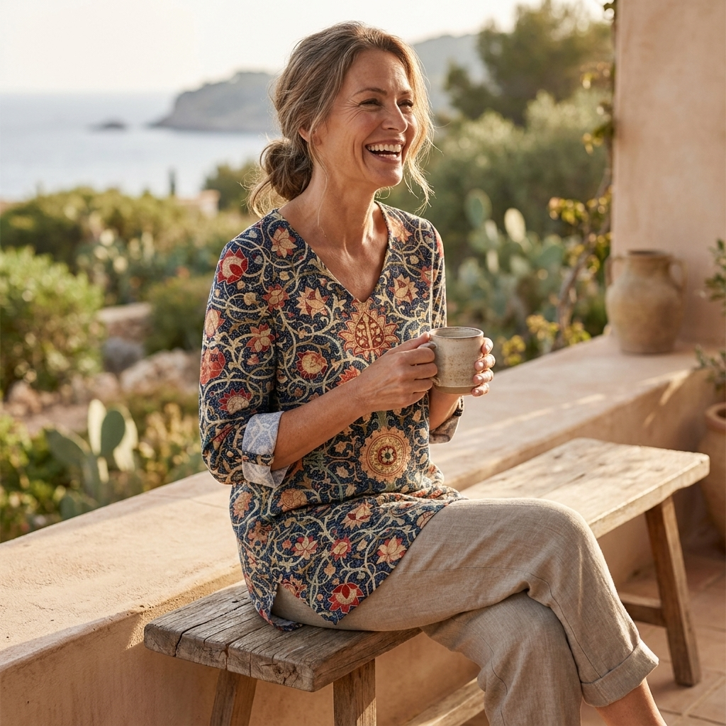 Women’s V-neck blouse with long sleeves, multicolor ornate pattern, relaxed drape