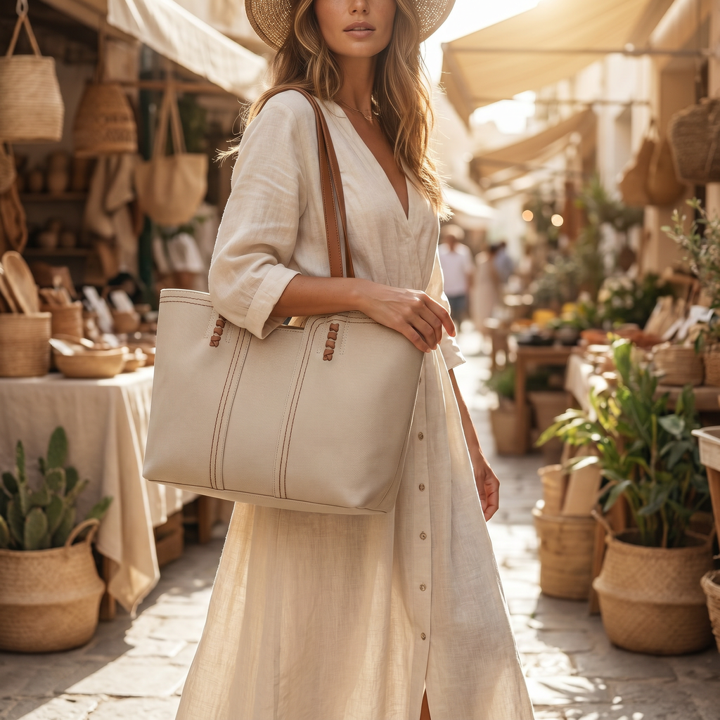 Women's Structured Large Shoulder Bag Contrast Stitching Synthetic Leather Two Tone Handles