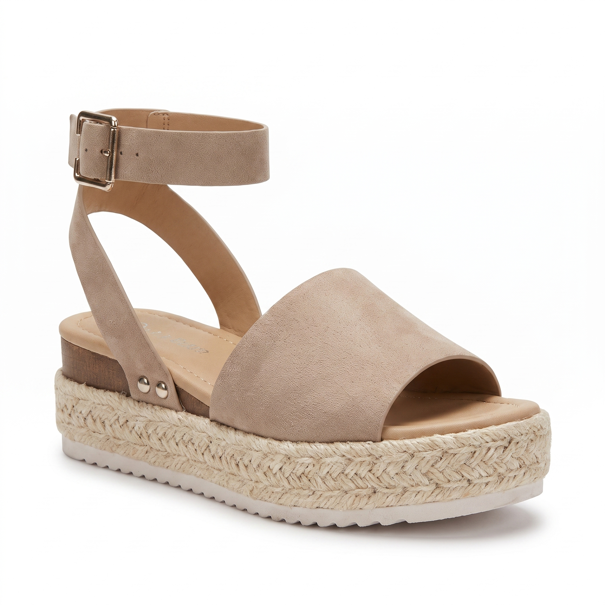 Khaki/beige open-toe platform wedge sandals with ankle strap and buckle