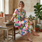 Women’s V-neck printed midi dress with short sleeves and gathered waist, bright multicolor florals