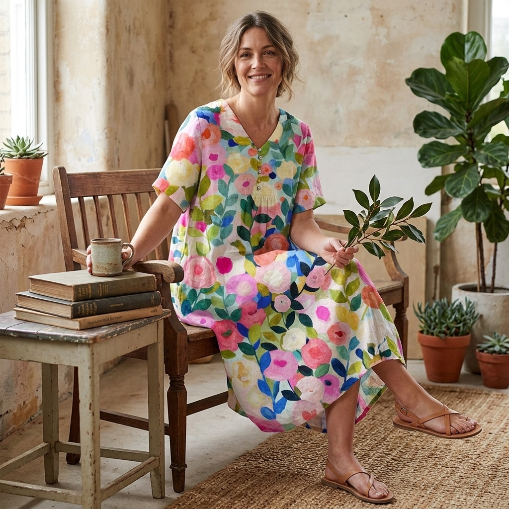 Women’s V-neck printed midi dress with short sleeves and gathered waist, bright multicolor florals