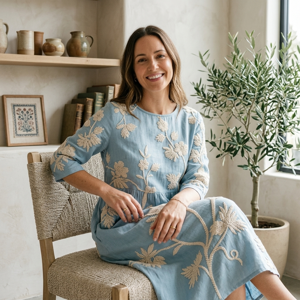 Light blue embroidered midi dress on model, round neck, 3/4 sleeves, gathered waist, flowy fit.