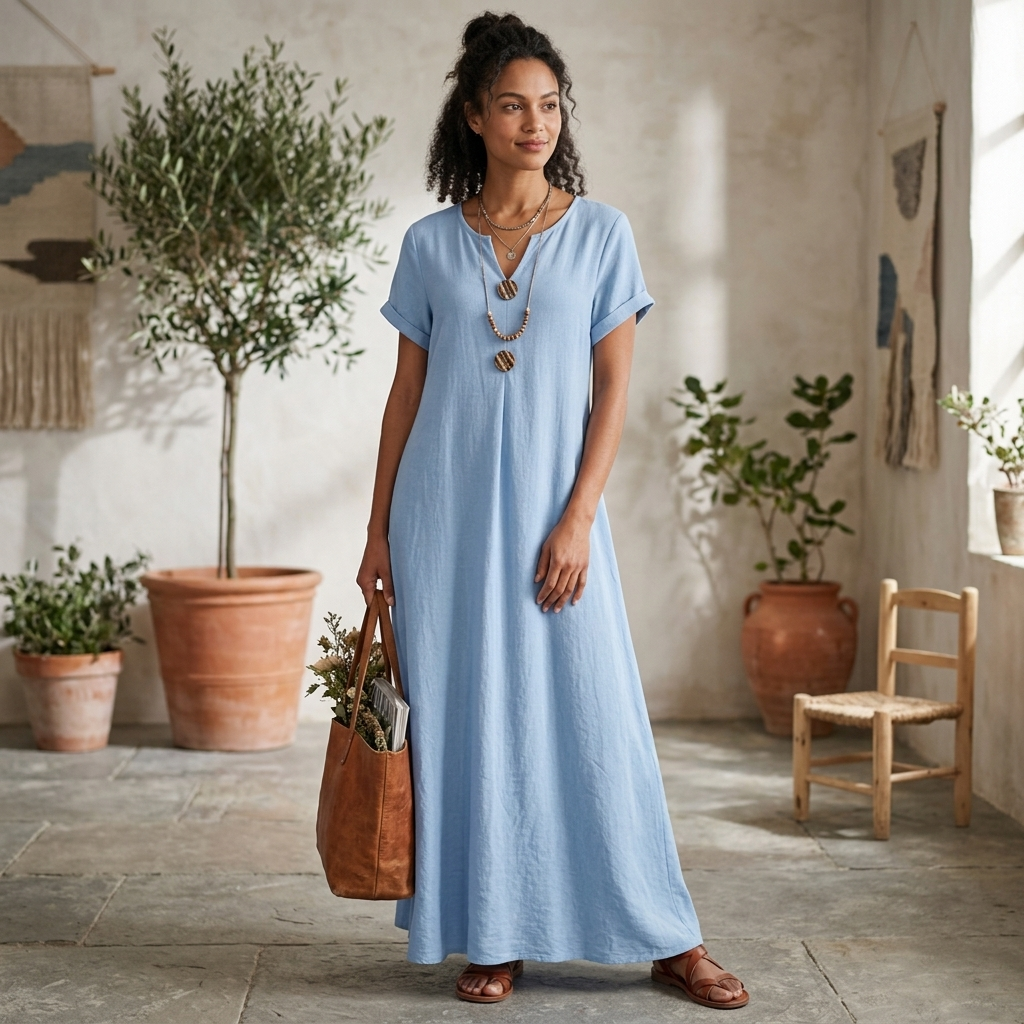 Light blue button-front maxi dress with short sleeves and relaxed fit, round neckline