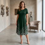 Women's gradient hem midi dress in dark green with silver sequin hem, short sleeves