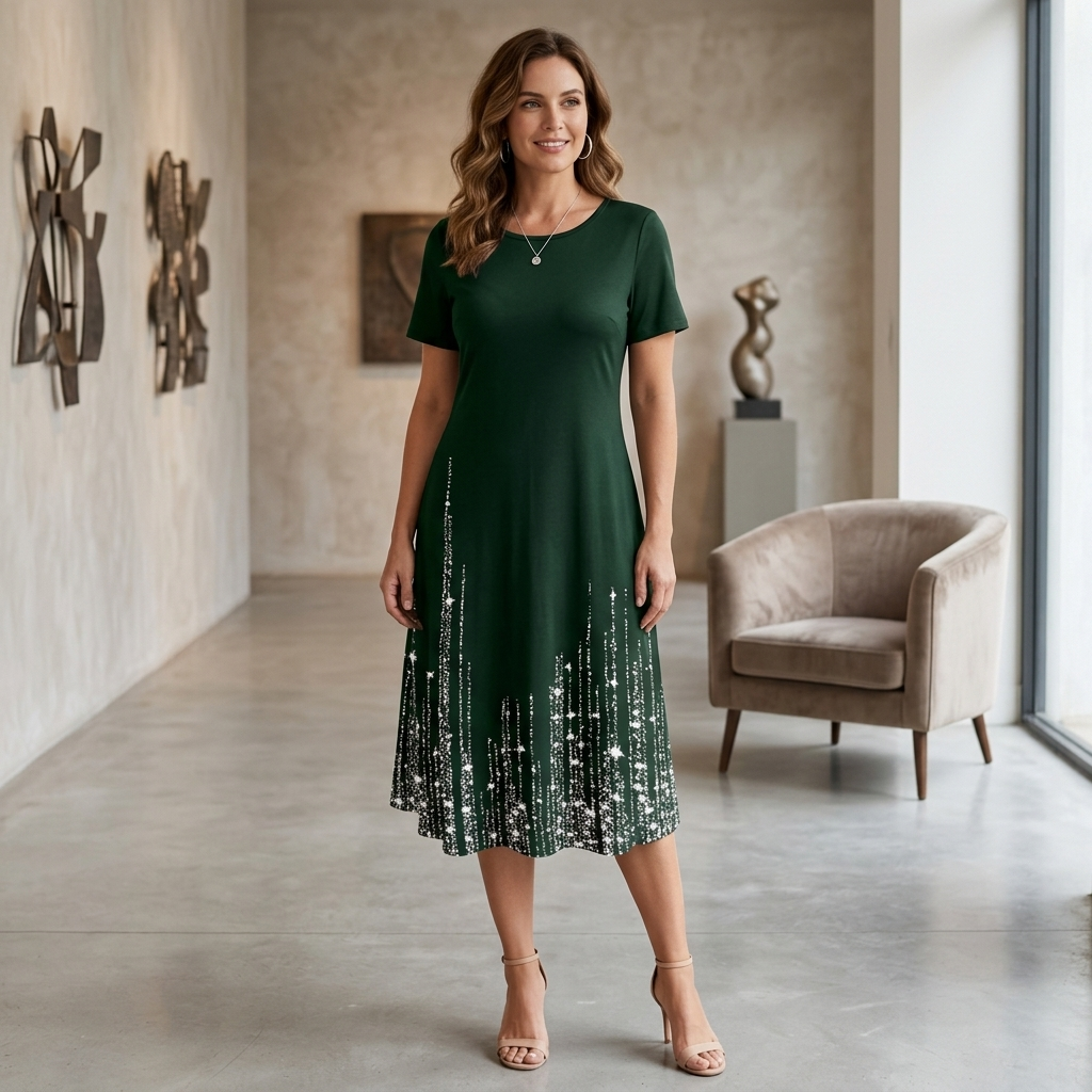 Women's gradient hem midi dress in dark green with silver sequin hem, short sleeves