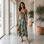 Green floral sleeveless maxi dress with thin straps, front bow detail, ankle length