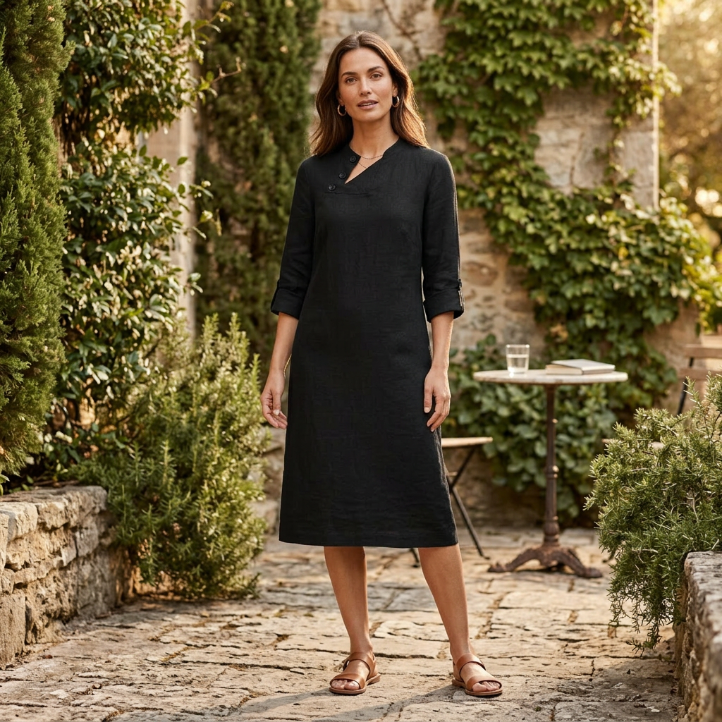 Black asymmetric button-down shift dress, relaxed fit, midi length