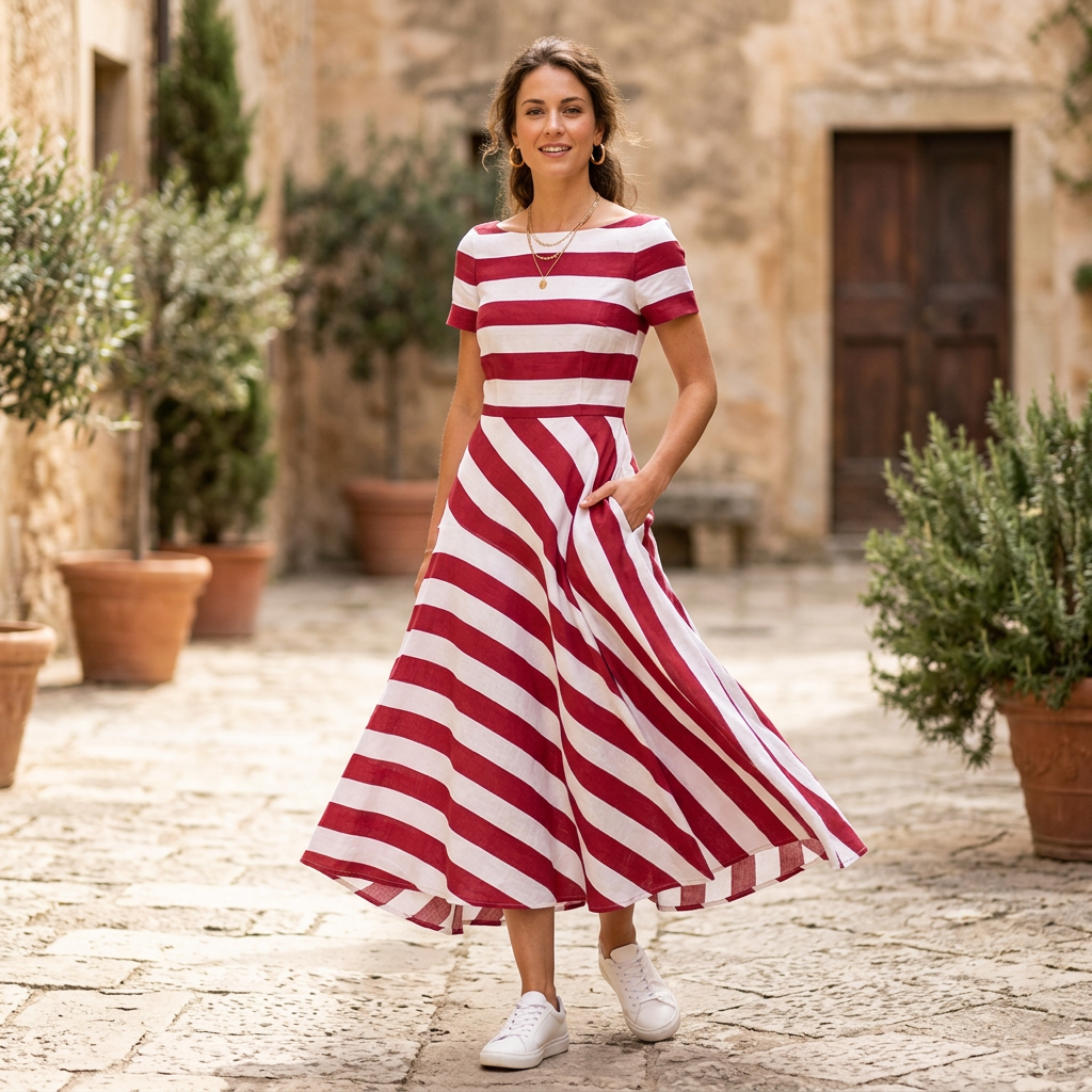 Red-and-white striped maxi dress with short sleeves, flared skirt, tied waist