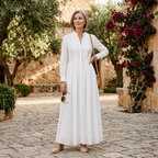 White women's maxi dress with stand collar, button front and gathered waist