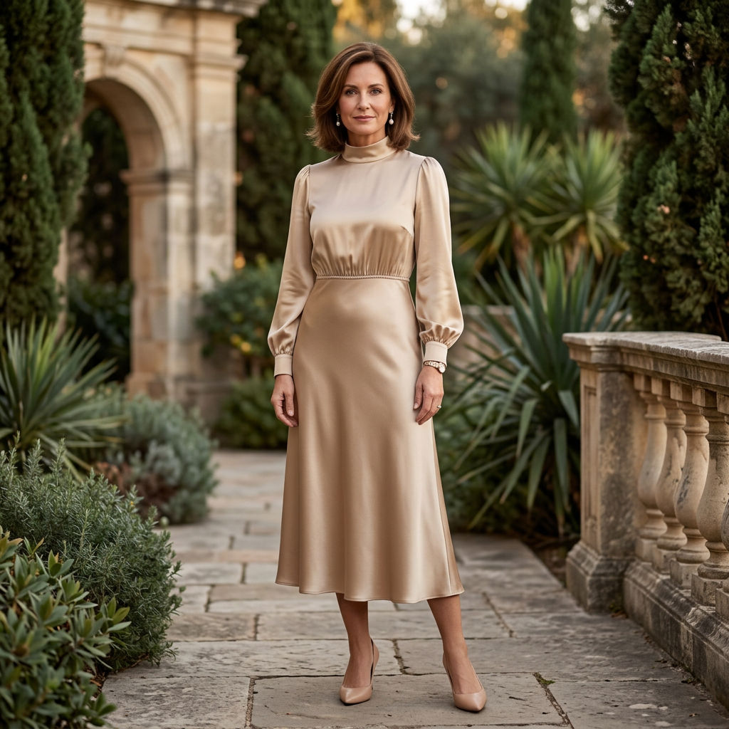 Apricot satin midi dress with high neck, long blouson sleeves, and midi hem