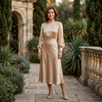 Apricot satin midi dress with high neck, long blouson sleeves, and midi hem