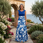 Blue sleeveless maxi dress with leaf print, V-neck wrap bodice and flowing skirt